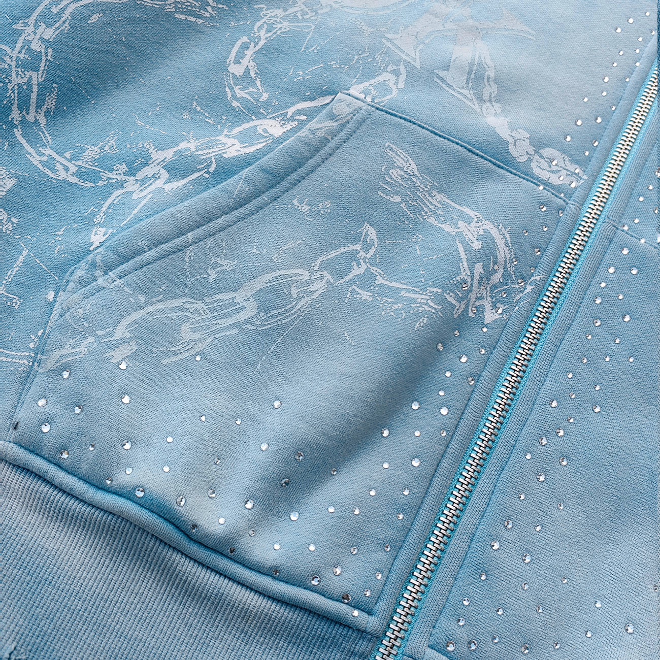 Chain Cross Print Zip Up Hoodie - Light Blue Rhinestone Studded Distressed Y2K Streetwear