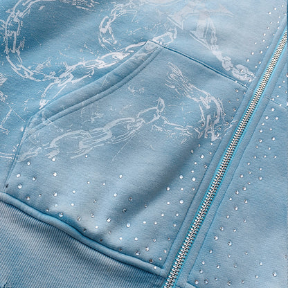 Chain Cross Print Zip Up Hoodie - Light Blue Rhinestone Studded Distressed Y2K Streetwear