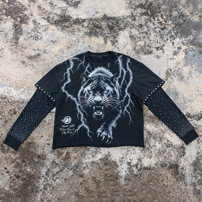 White Tiger Print Hoodie - Lightning Distressed Fake Two-Piece Streetwear