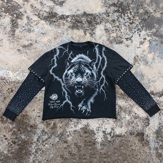 White Tiger Print Hoodie - Lightning Distressed Fake Two-Piece Streetwear