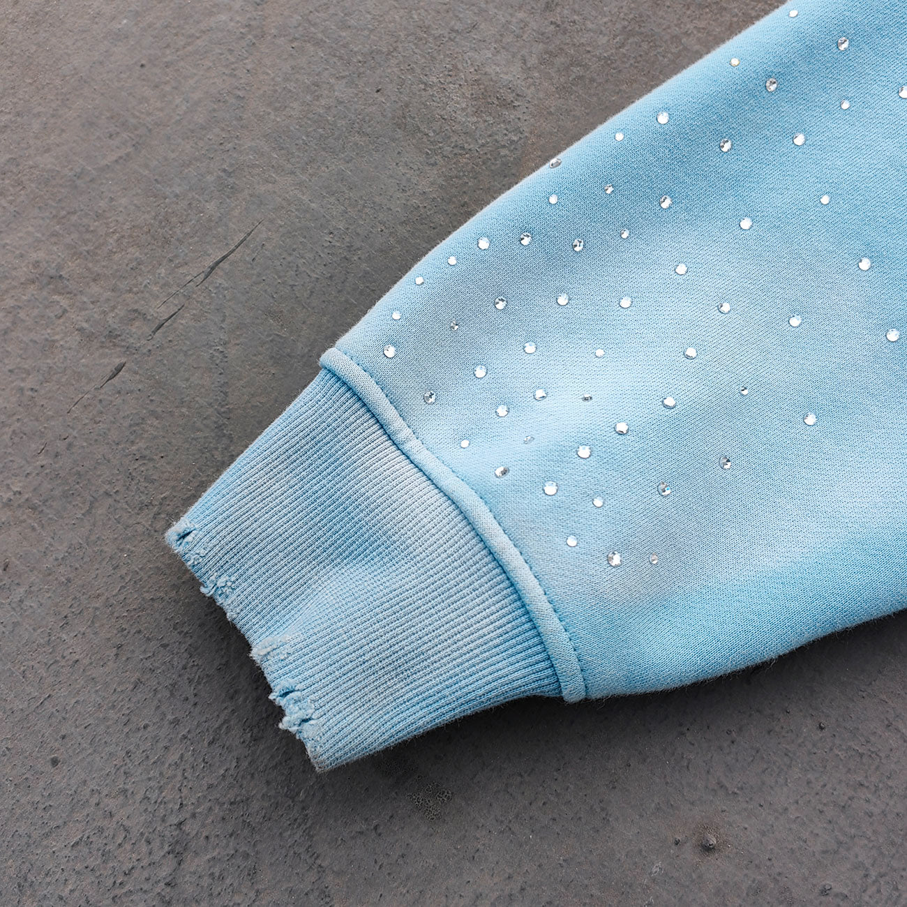 Chain Cross Print Zip Up Hoodie - Light Blue Rhinestone Studded Distressed Y2K Streetwear