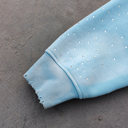 Chain Cross Print Zip Up Hoodie - Light Blue Rhinestone Studded Distressed Y2K Streetwear
