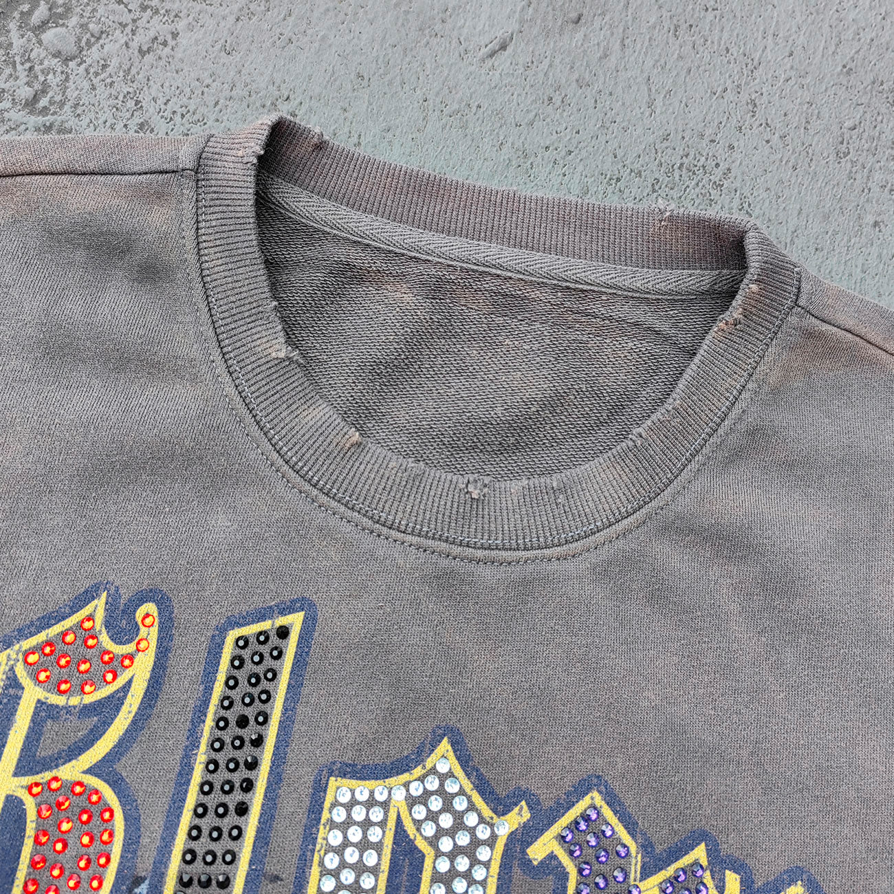 Glory Rhinestone Graphic Tee - Gray Brown Vintage Wash Pin Up Skull Print Studded Ripped Y2K Streetwear