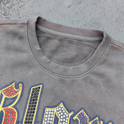 Glory Rhinestone Graphic Tee - Gray Brown Vintage Wash Pin Up Skull Print Studded Ripped Y2K Streetwear