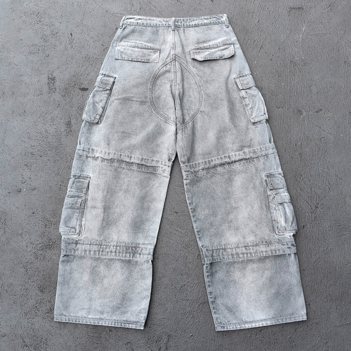 Wide Leg Cargo Jeans - Smoke Gray Acid Wash Multi Pocket Zipper Slash Distressed Y2K Streetwear
