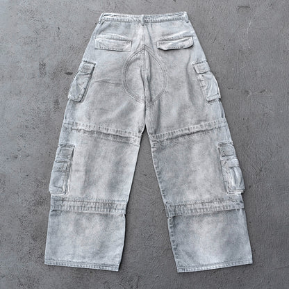 Wide Leg Cargo Jeans - Smoke Gray Acid Wash Multi Pocket Zipper Slash Distressed Y2K Streetwear