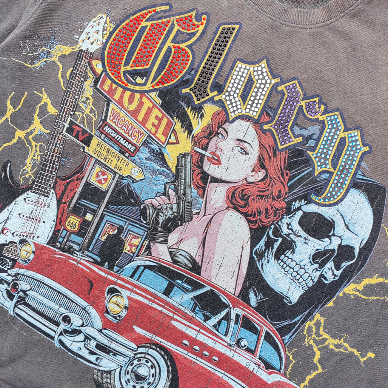 Glory Rhinestone Graphic Tee - Gray Brown Vintage Wash Pin Up Skull Print Studded Ripped Y2K Streetwear