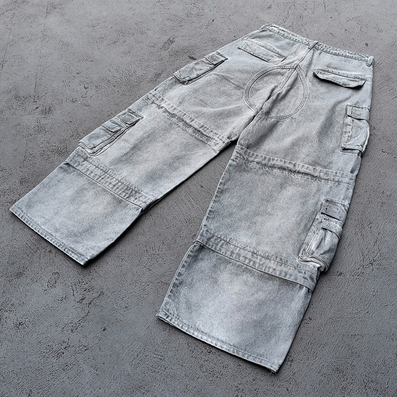 Wide Leg Cargo Jeans - Smoke Gray Acid Wash Multi Pocket Zipper Slash Distressed Y2K Streetwear