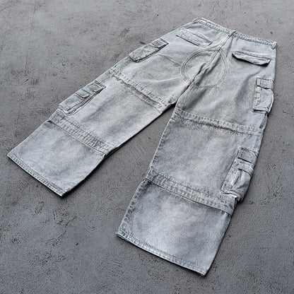 Wide Leg Cargo Jeans - Smoke Gray Acid Wash Multi Pocket Zipper Slash Distressed Y2K Streetwear