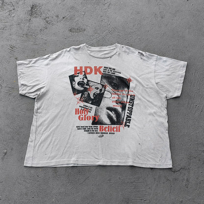 HDK Holy Glory Graphic Tee - Light Gray Dirty Wash Portrait Collage Print Distressed Ripped Y2K Streetwear