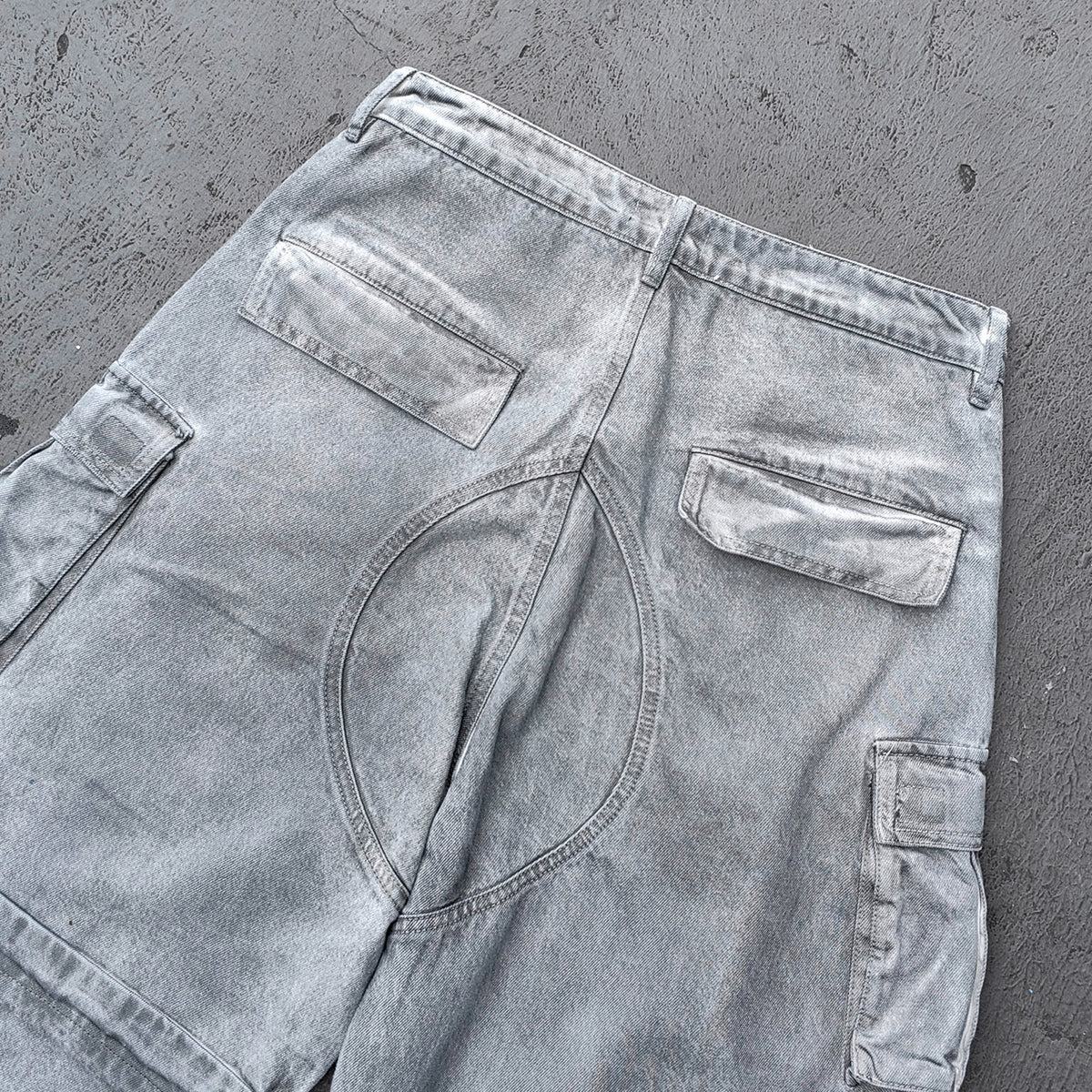 Wide Leg Cargo Jeans - Smoke Gray Acid Wash Multi Pocket Zipper Slash Distressed Y2K Streetwear