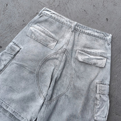 Wide Leg Cargo Jeans - Smoke Gray Acid Wash Multi Pocket Zipper Slash Distressed Y2K Streetwear