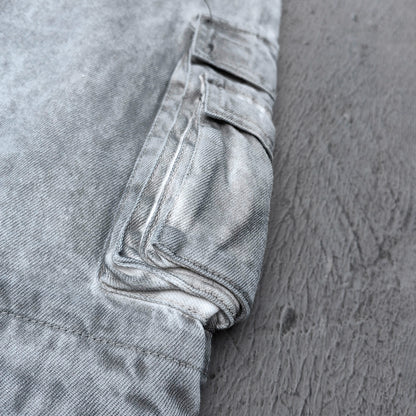 Wide Leg Cargo Jeans - Smoke Gray Acid Wash Multi Pocket Zipper Slash Distressed Y2K Streetwear
