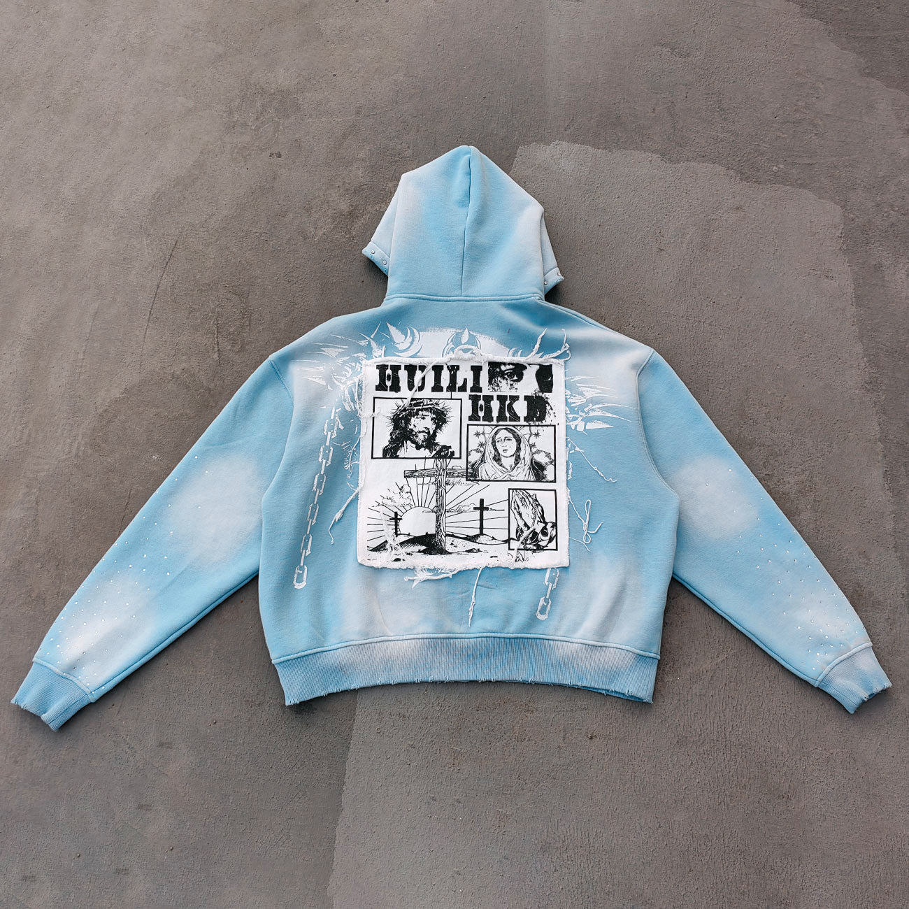 Chain Cross Print Zip Up Hoodie - Light Blue Rhinestone Studded Distressed Y2K Streetwear