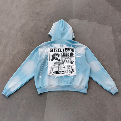 Chain Cross Print Zip Up Hoodie - Light Blue Rhinestone Studded Distressed Y2K Streetwear