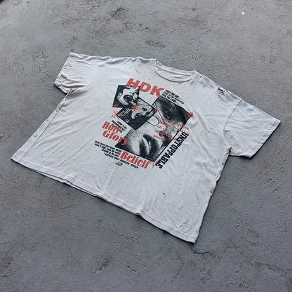 HDK Holy Glory Graphic Tee - Light Gray Dirty Wash Portrait Collage Print Distressed Ripped Y2K Streetwear