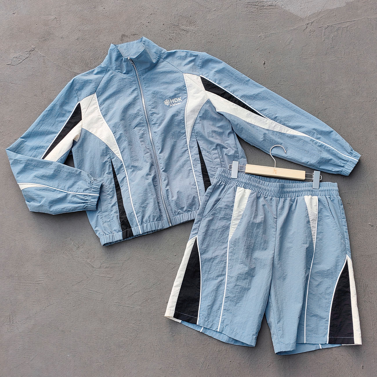 Gray Blue Color Block Tracksuit - Y2K Piping Windbreaker Jacket and Shorts Set