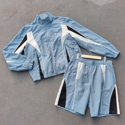 Gray Blue Color Block Tracksuit - Y2K Piping Windbreaker Jacket and Shorts Set