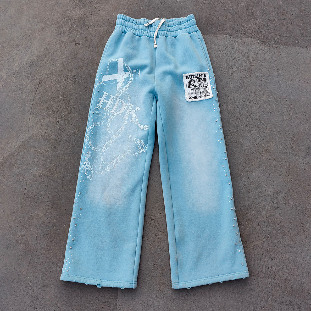 Chain Cross Print Sweatpants - Light Blue Rhinestone Distressed Wide Leg Y2K Streetwear