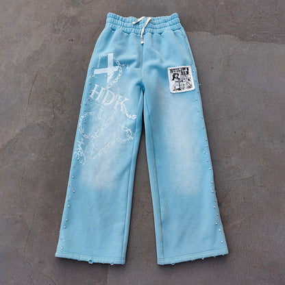 Chain Cross Print Sweatpants - Light Blue Rhinestone Distressed Wide Leg Y2K Streetwear