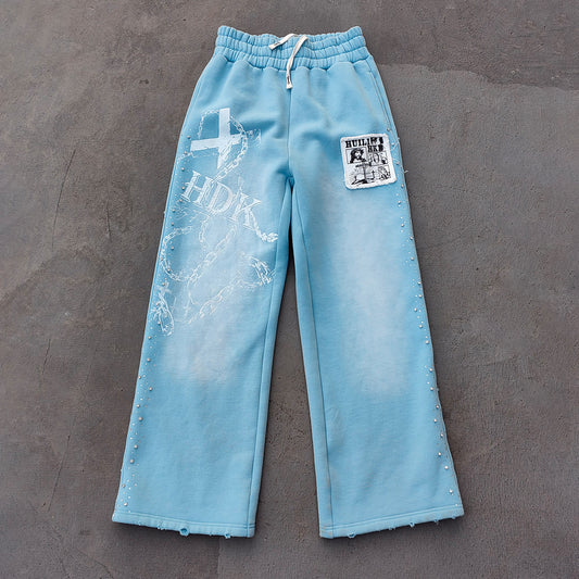 Chain Cross Print Sweatpants - Light Blue Rhinestone Distressed Wide Leg Y2K Streetwear