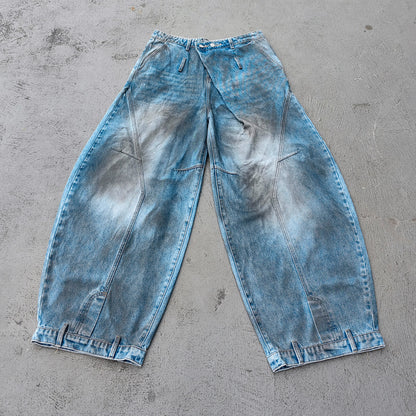 Curved Wide Leg Jeans - Light Blue Acid Wash Asymmetric Wrap Front Arc Panel Y2K Streetwear