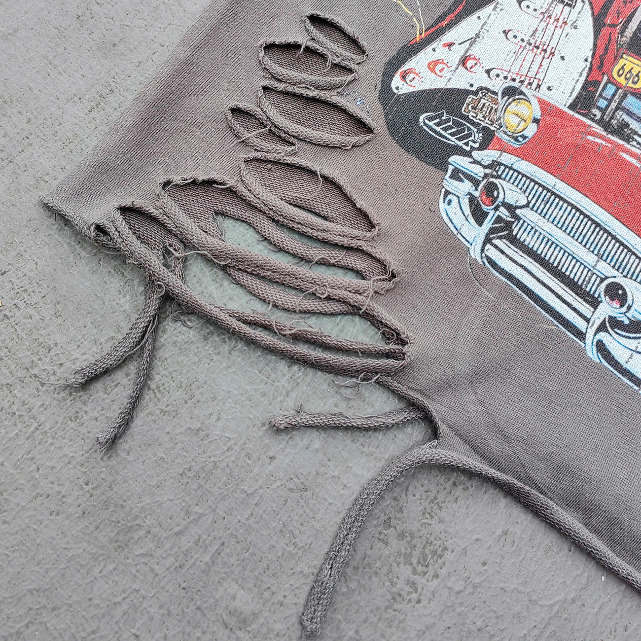 Glory Rhinestone Graphic Tee - Gray Brown Vintage Wash Pin Up Skull Print Studded Ripped Y2K Streetwear