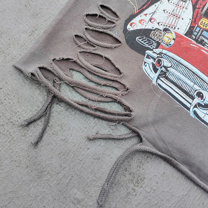 Glory Rhinestone Graphic Tee - Gray Brown Vintage Wash Pin Up Skull Print Studded Ripped Y2K Streetwear