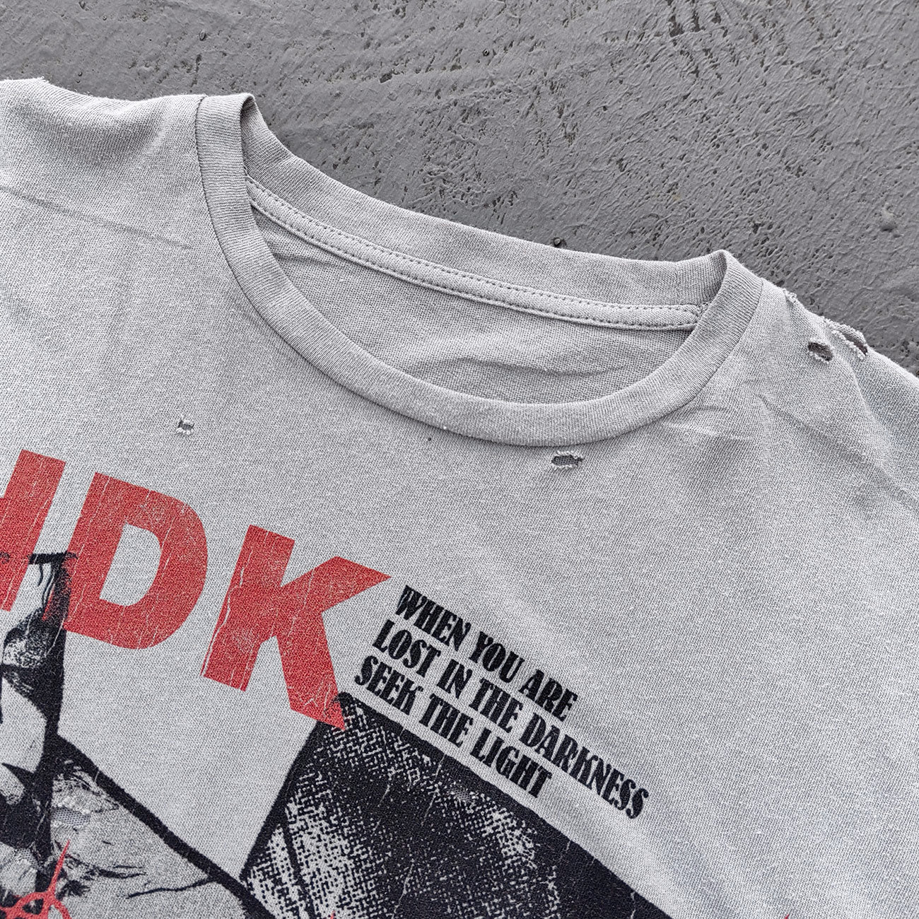 HDK Holy Glory Graphic Tee - Light Gray Dirty Wash Portrait Collage Print Distressed Ripped Y2K Streetwear