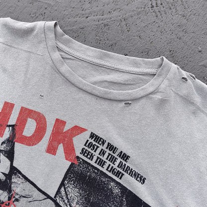 HDK Holy Glory Graphic Tee - Light Gray Dirty Wash Portrait Collage Print Distressed Ripped Y2K Streetwear
