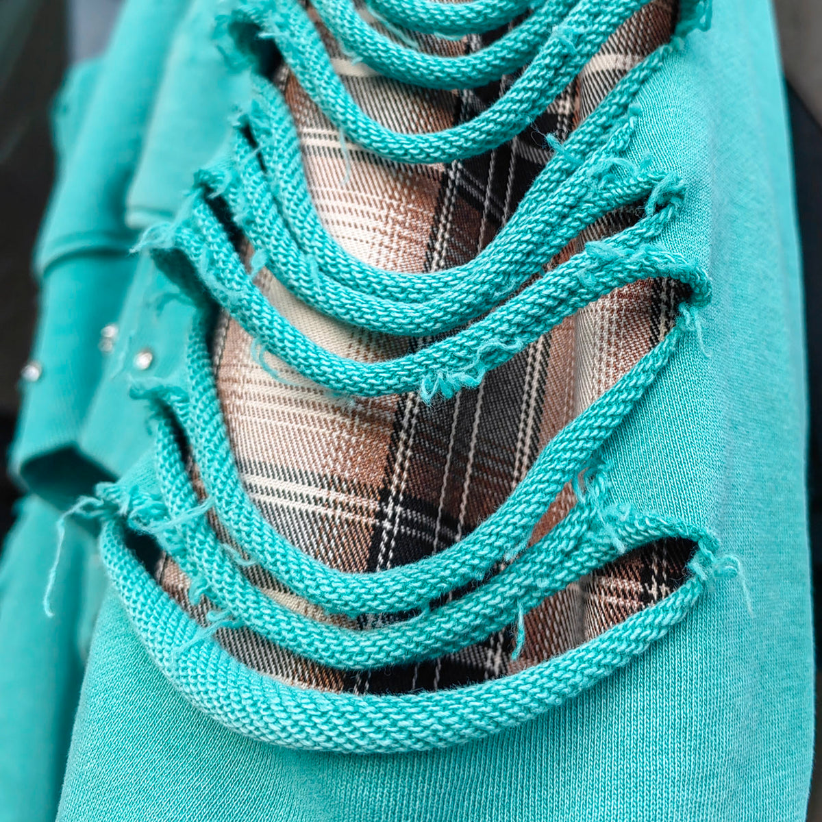 Heavily Distressed Zip Up Hoodie - Mint Studded Ripped Plaid Lining Y2K