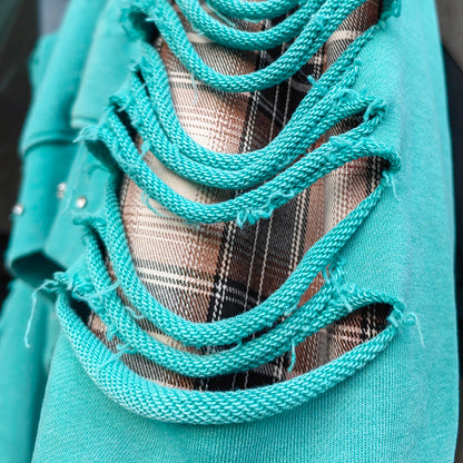 Heavily Distressed Zip Up Hoodie - Mint Studded Ripped Plaid Lining Y2K