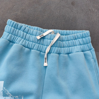 Chain Cross Print Sweatpants - Light Blue Rhinestone Distressed Wide Leg Y2K Streetwear