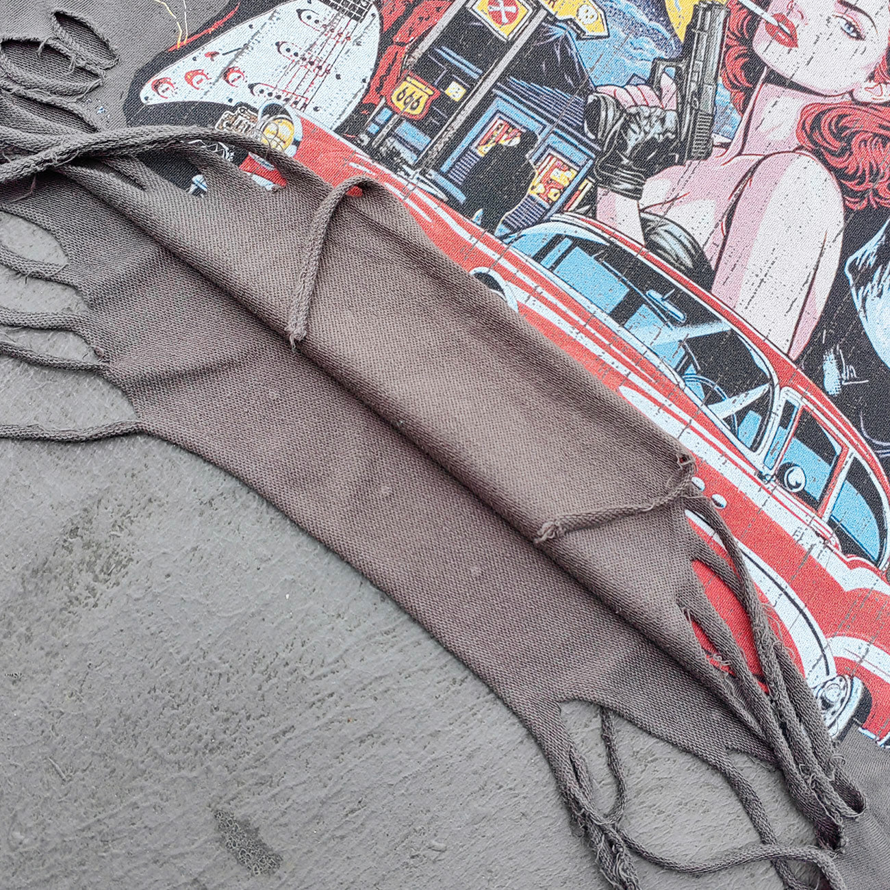Glory Rhinestone Graphic Tee - Gray Brown Vintage Wash Pin Up Skull Print Studded Ripped Y2K Streetwear