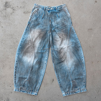 Curved Wide Leg Jeans - Light Blue Acid Wash Asymmetric Wrap Front Arc Panel Y2K Streetwear