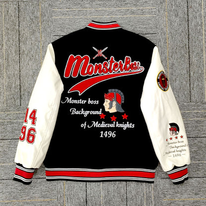 factory wholesale custom logo chenille embroidery letterman varsity jacket with leather sleeves