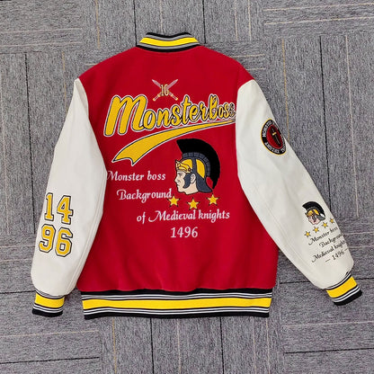 factory wholesale custom logo chenille embroidery letterman varsity jacket with leather sleeves