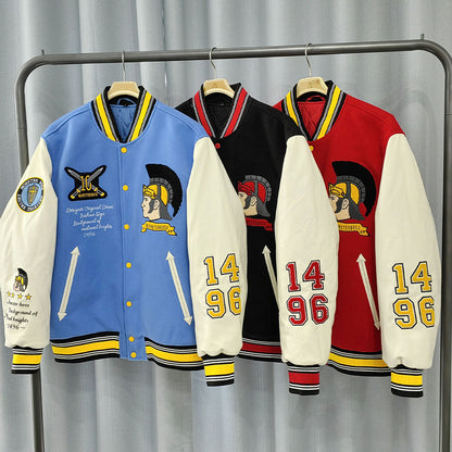 factory wholesale custom logo chenille embroidery letterman varsity jacket with leather sleeves