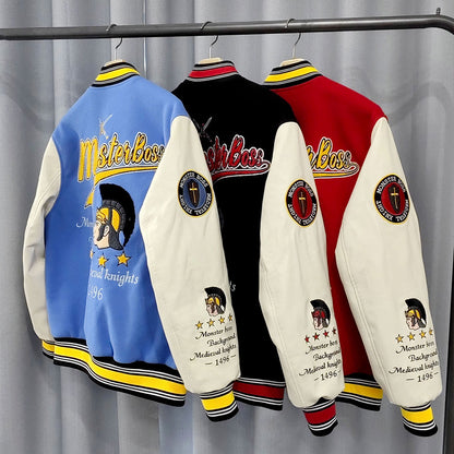 factory wholesale custom logo chenille embroidery letterman varsity jacket with leather sleeves