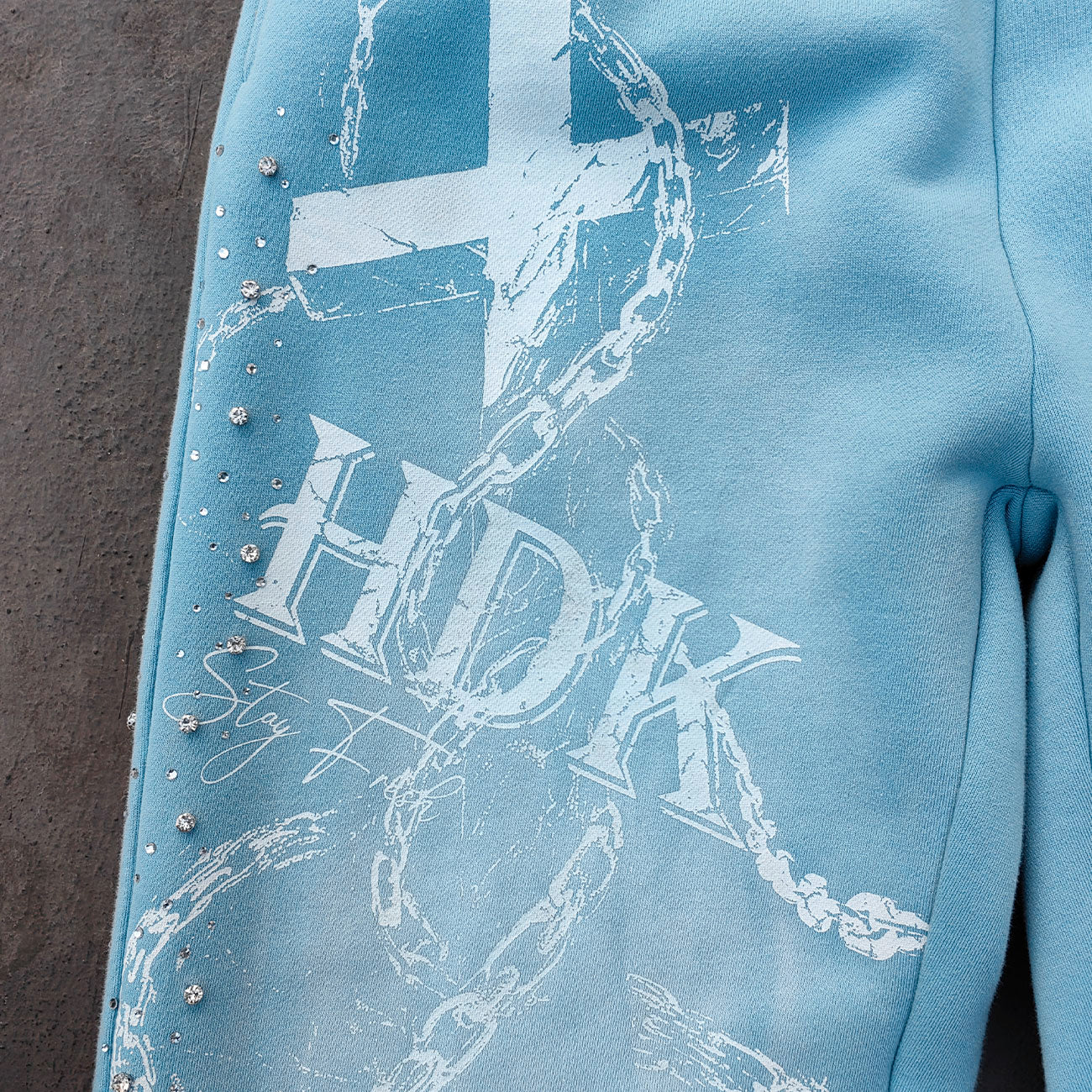 Chain Cross Print Sweatpants - Light Blue Rhinestone Distressed Wide Leg Y2K Streetwear