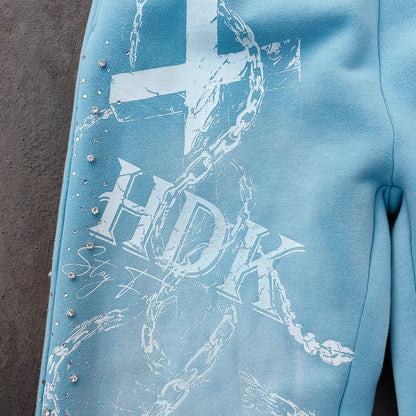 Chain Cross Print Sweatpants - Light Blue Rhinestone Distressed Wide Leg Y2K Streetwear