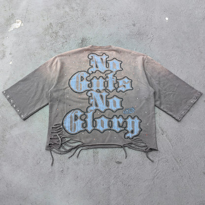 Glory Rhinestone Graphic Tee - Gray Brown Vintage Wash Pin Up Skull Print Studded Ripped Y2K Streetwear