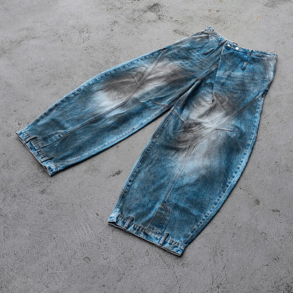 Curved Wide Leg Jeans - Light Blue Acid Wash Asymmetric Wrap Front Arc Panel Y2K Streetwear