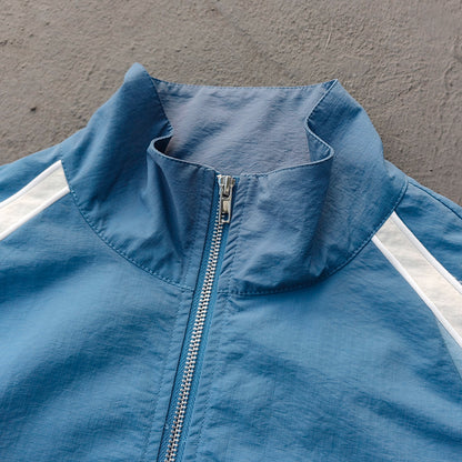 Color Block Track Jacket - Blue White Piping Y2K Nylon Windbreaker Streetwear