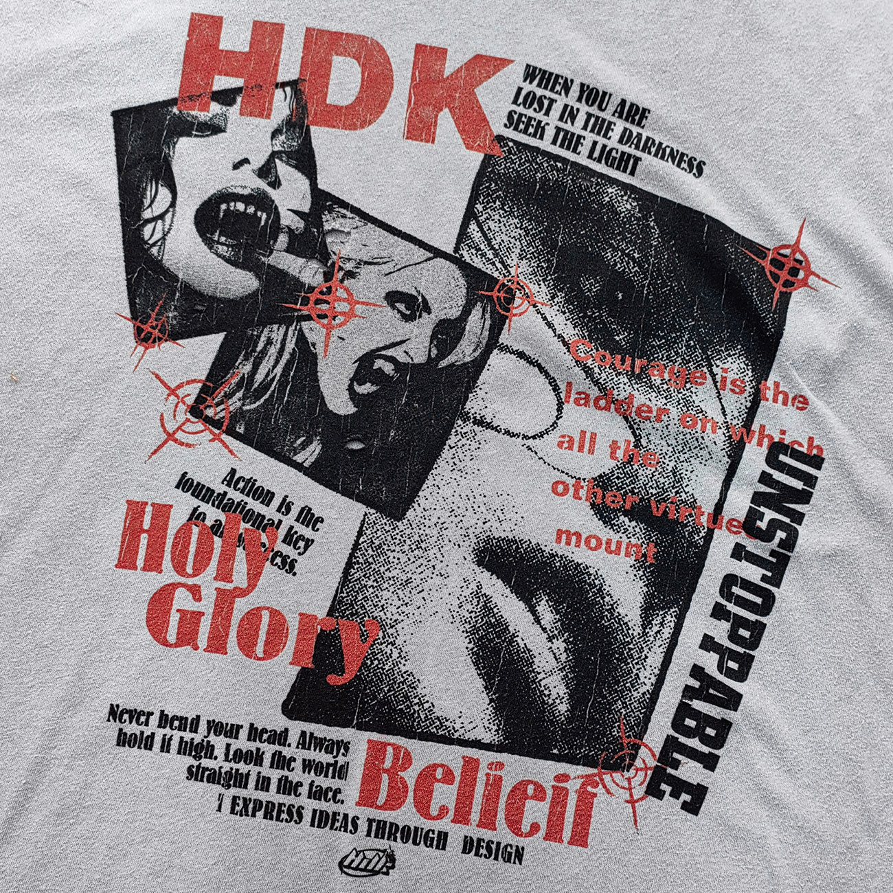 HDK Holy Glory Graphic Tee - Light Gray Dirty Wash Portrait Collage Print Distressed Ripped Y2K Streetwear