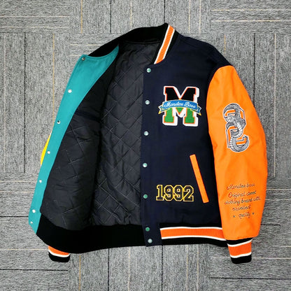 factory wholesale custom logo chenille embroidery letterman varsity jacket with leather sleeves