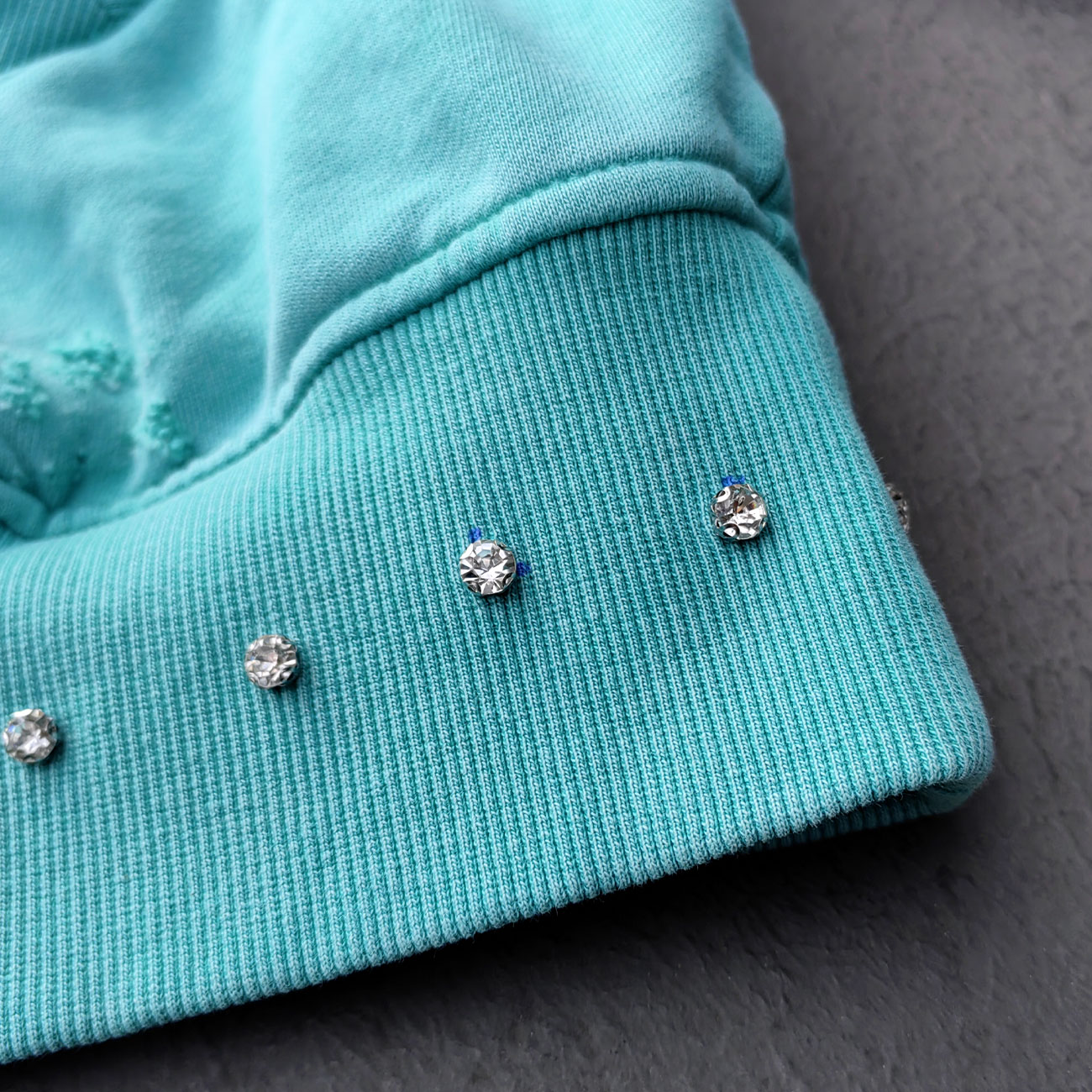 Heavily Distressed Zip Up Hoodie - Mint Studded Ripped Plaid Lining Y2K
