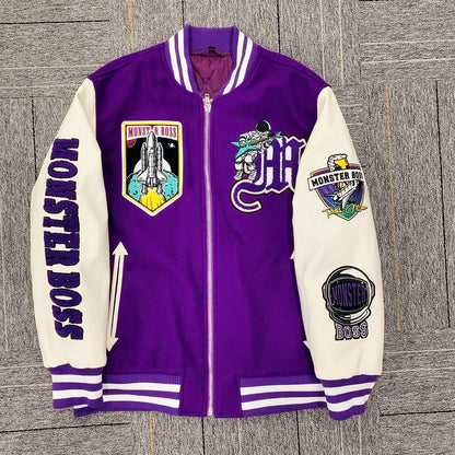 factory wholesale custom logo chenille embroidery letterman varsity jacket with leather sleeves