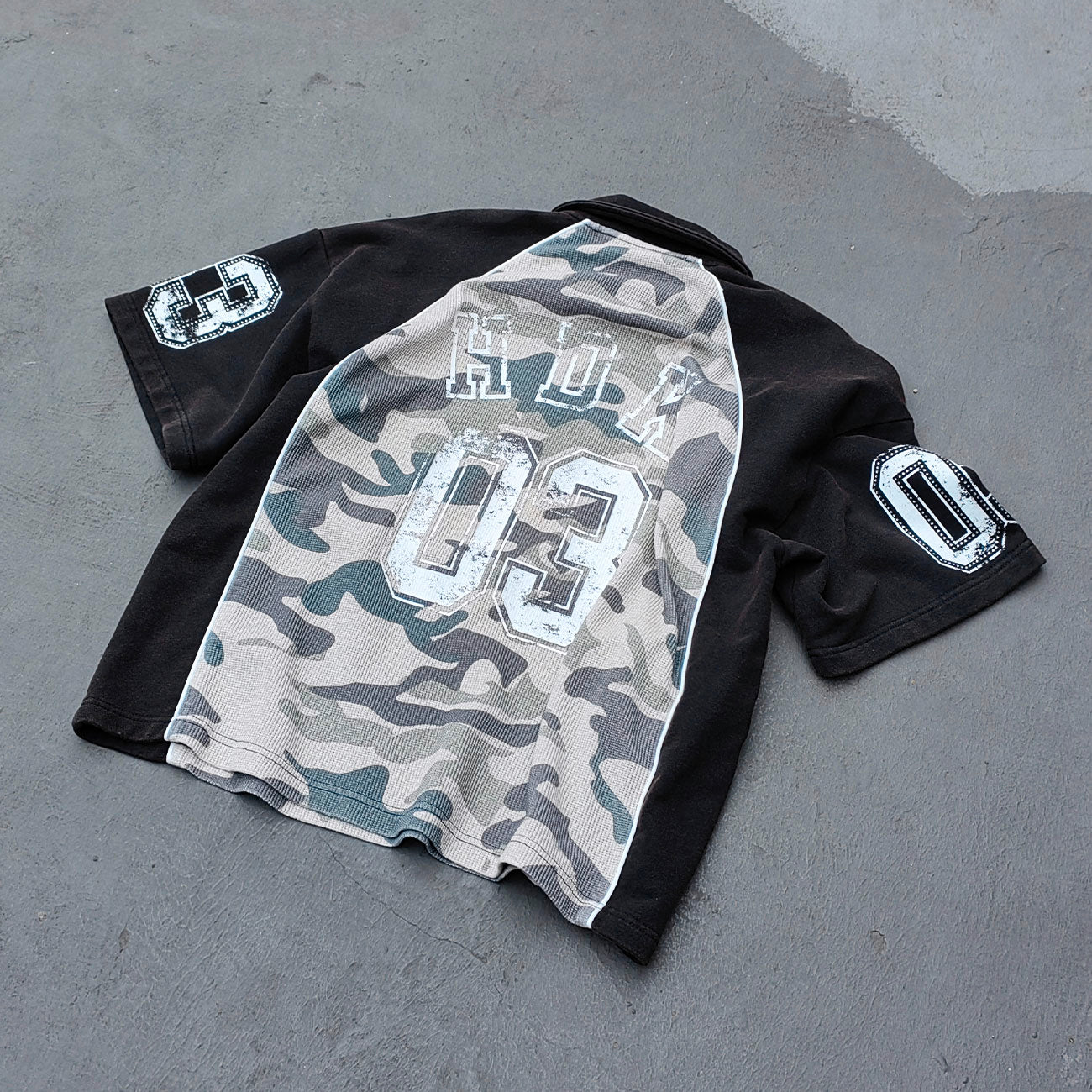 Camo Color Block Half Zip Polo - HUILI 2003 Print Y2K Rugby Shirt Streetwear