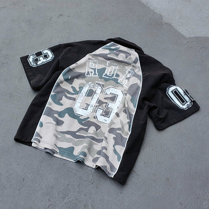Camo Color Block Half Zip Polo - HUILI 2003 Print Y2K Rugby Shirt Streetwear